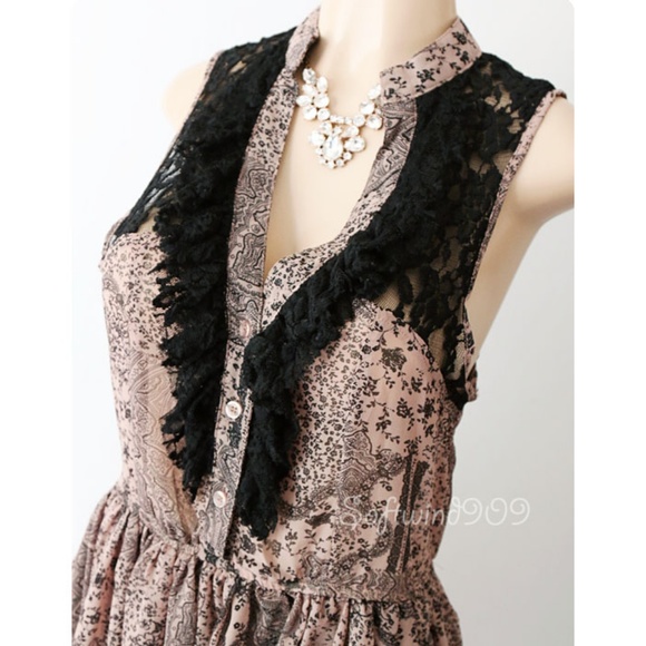 Taupe Black Lace Ruffle Button Boho Chiffon Romper - Picture 2 of 7